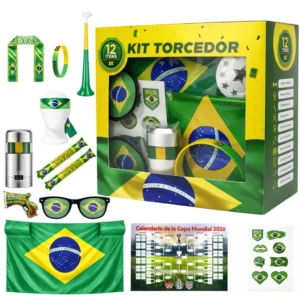 Combo Completo Torcedor Brasileiro Copa 2026 Bandeira, Adesivo, Trompete e Pintura Facial