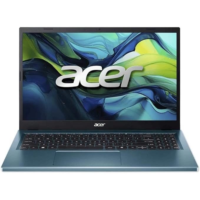 Notebook Acer Aspire Go 15 azul escuro aberto mostrando a tela e o teclado numérico
