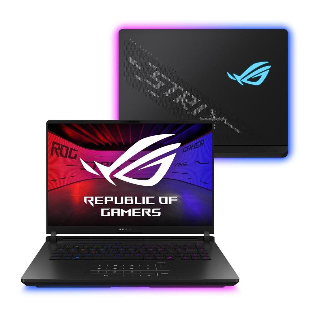 Notebook gamer ASUS ROG Strix SCAR 16 preto com iluminação RGB e tela de 240 Hz