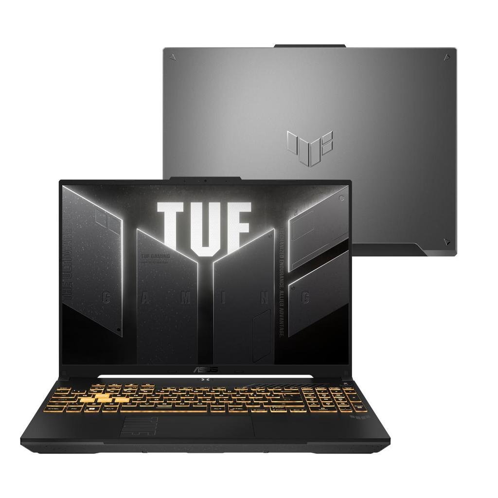 Notebook Gamer ASUS TUF Gaming F16 cinza aberto mostrando a tela de 16 polegadas e o teclado RGB