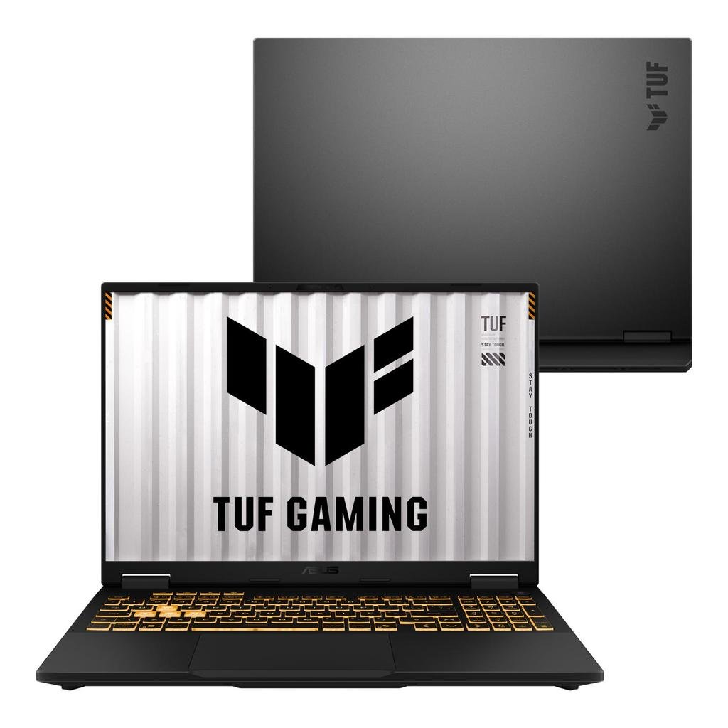 Notebook gamer ASUS TUF Gaming F16 em tom cinza escuro aberto mostrando a tela e o teclado retroiluminado