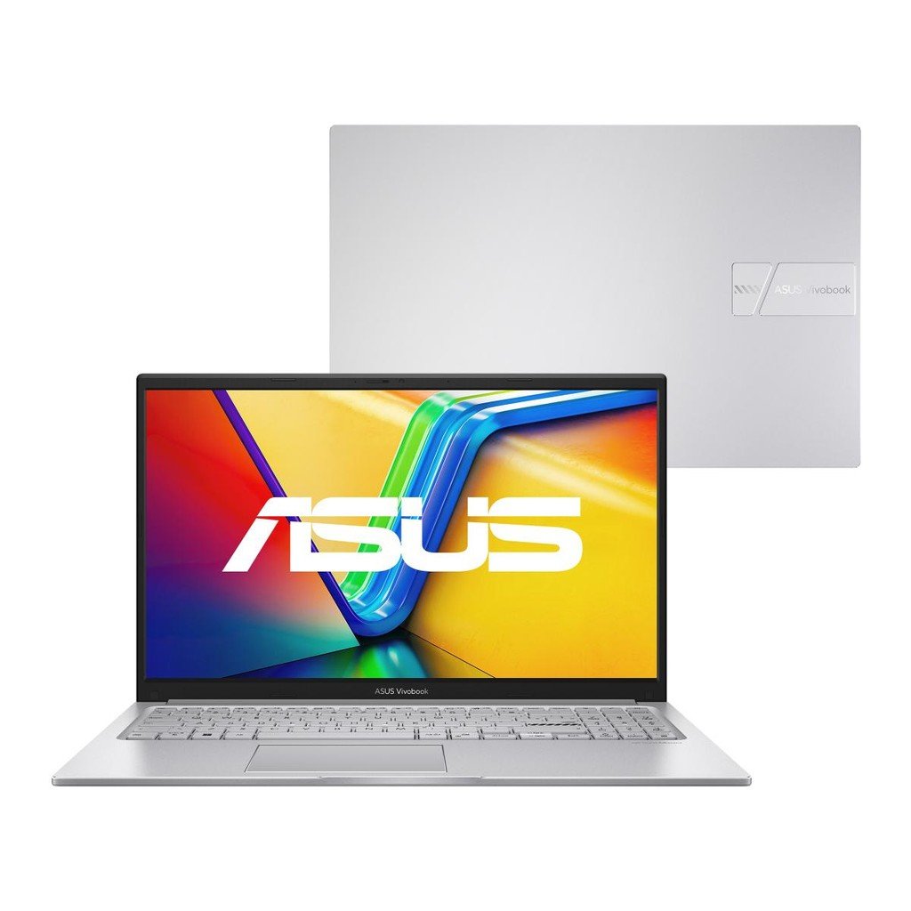 Notebook ASUS Vivobook 15 prata aberto mostrando tela de 15,6 polegadas e teclado numérico.