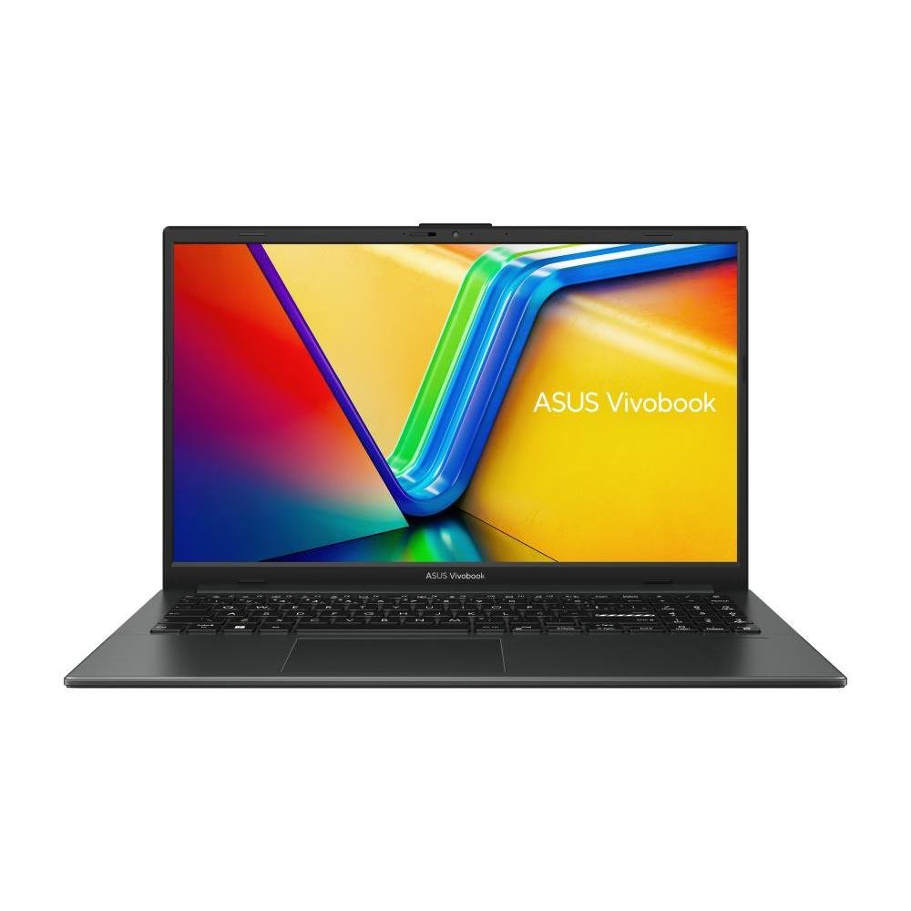 Notebook ASUS Vivobook Go 15 preto aberto mostrando a tela de 15,6 polegadas e o teclado com Ç.