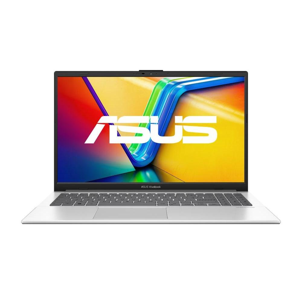 Notebook ASUS Vivobook Go 15 prata aberto mostrando tela e teclado