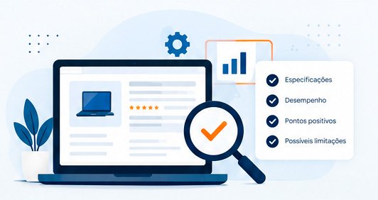 Notebook com lupa e lista de itens analisados: especificações, desempenho, pontos positivos e possíveis limitações