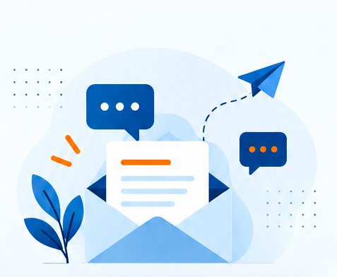 Envelope aberto com carta, balões de conversa e avião de papel