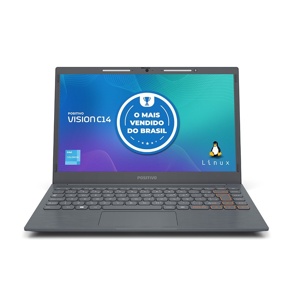 Notebook Positivo Vision C14 cinza aberto mostrando a tela de 14,1 polegadas e a webcam com Lumina Bar