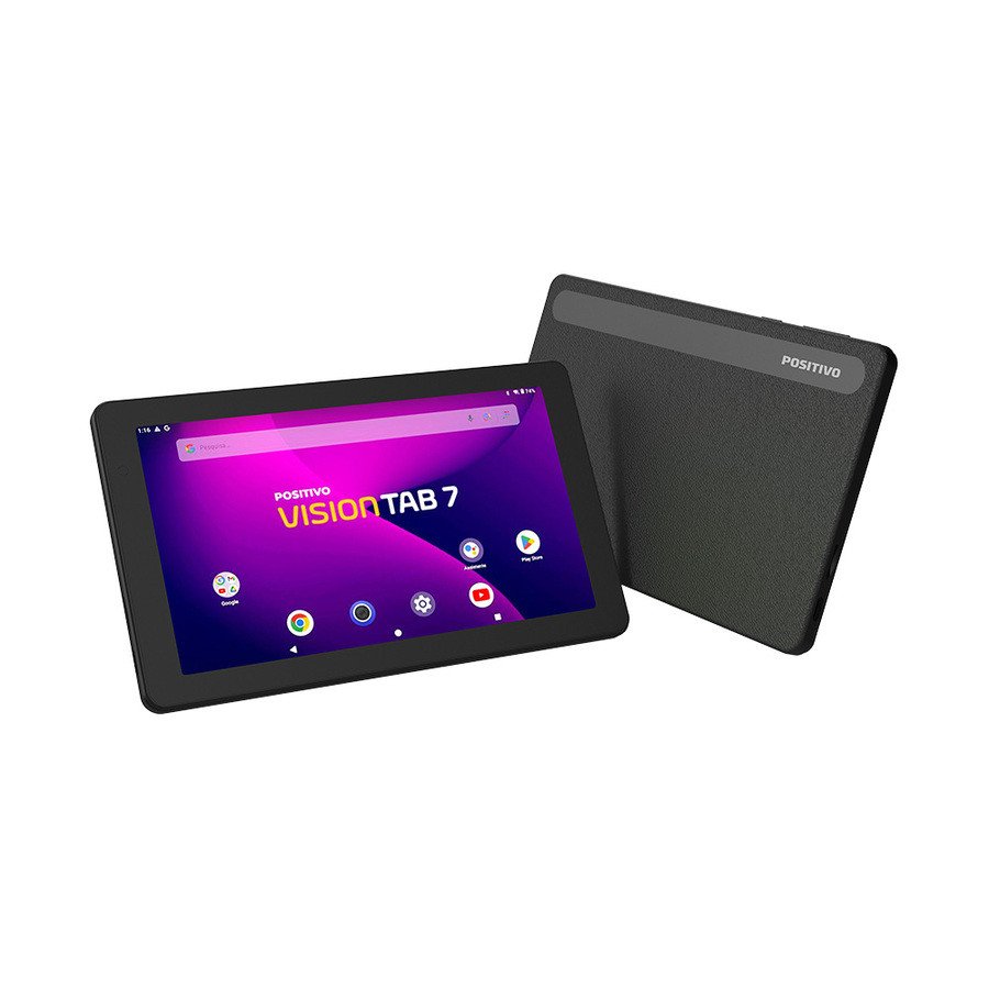 Tablet Positivo Vision TAB 7 preto exibindo a tela inicial de 7 polegadas.
