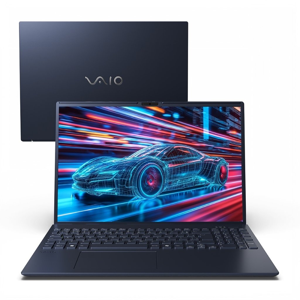 Notebook VAIO FE16 cinza aberto mostrando a tela de 16 polegadas e o teclado com numérico